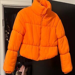Bright Orange Cropped Puffer Jacket